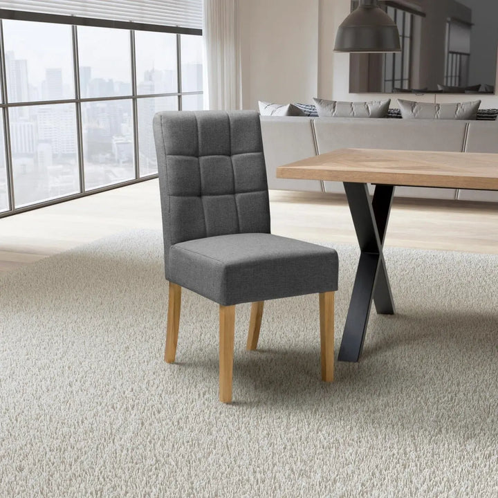 Set of 2 Moseley Waffle Linen Effect Steel Grey Dining Chairs in Natural Legs - NJ Home Interiors