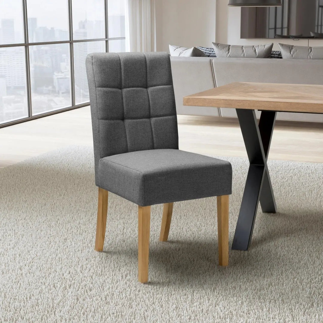 Set of 2 Moseley Waffle Linen Effect Steel Grey Dining Chairs in Natural Legs - NJ Home Interiors