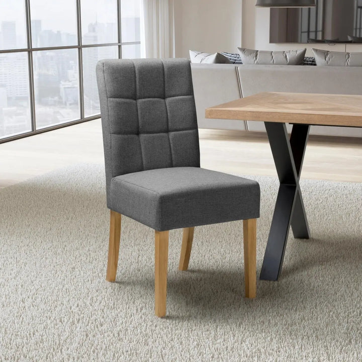 Set of 2 Moseley Waffle Linen Effect Steel Grey Dining Chairs in Natural Legs - NJ Home Interiors