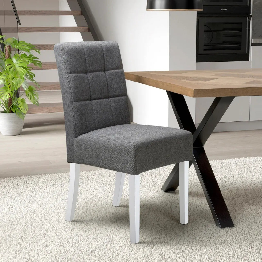 Set of 2 Moseley Waffle Linen Effect Steel Grey Dining Chairs in White Legs - NJ Home Interiors