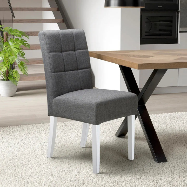 Set of 2 Moseley Waffle Linen Effect Steel Grey Dining Chairs in White Legs - NJ Home Interiors