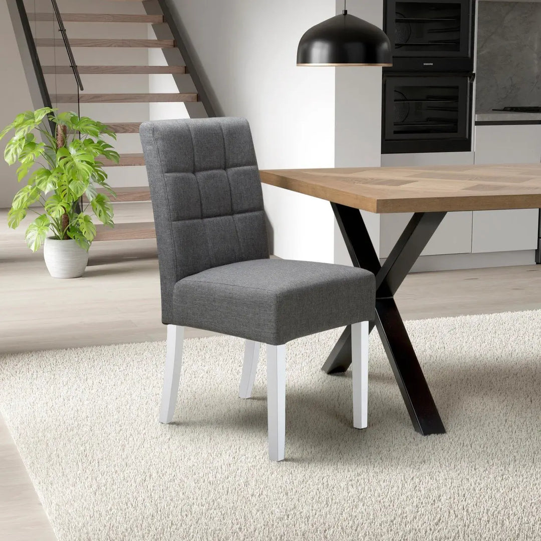 Set of 2 Moseley Waffle Linen Effect Steel Grey Dining Chairs in White Legs - NJ Home Interiors