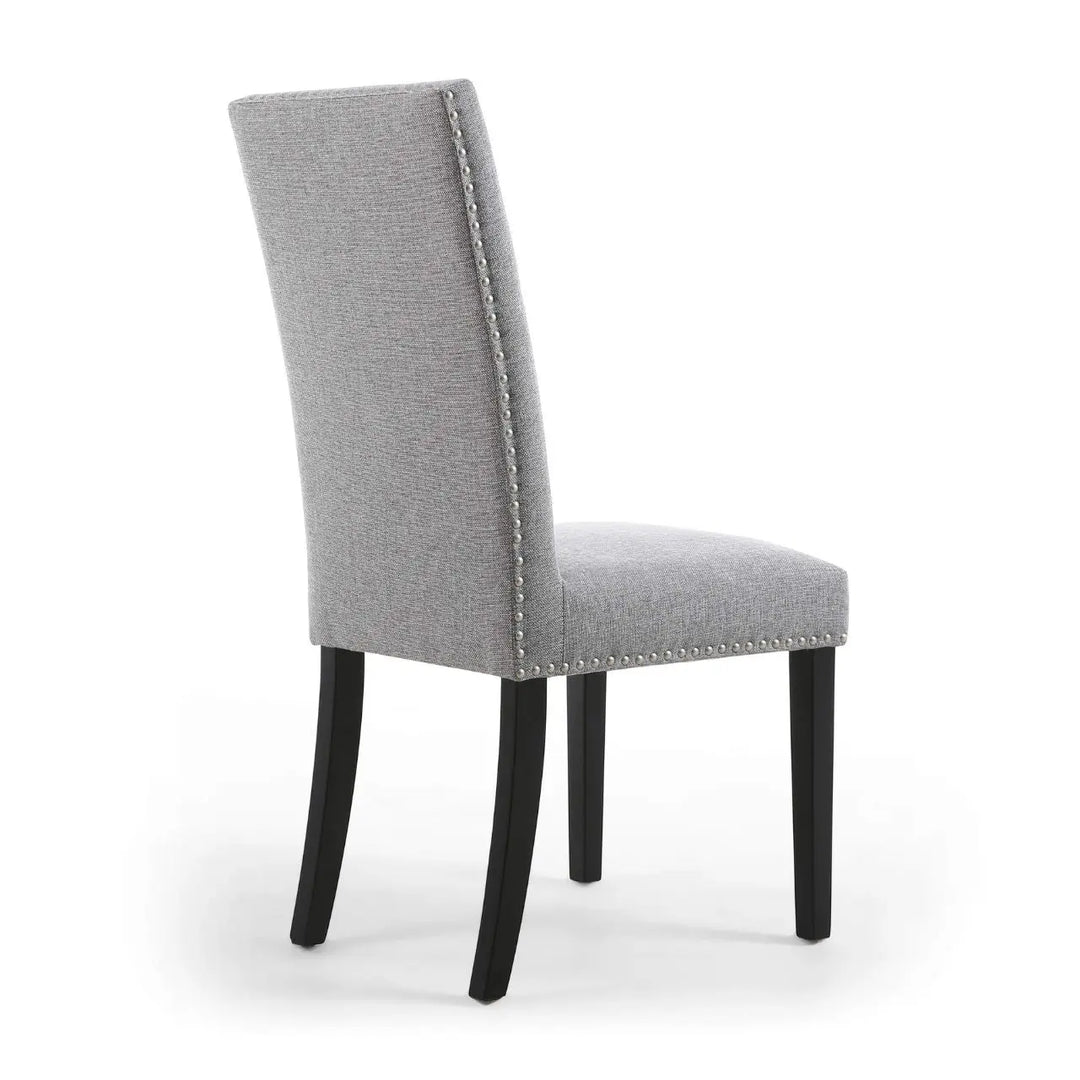 Set of 2 Randall Stud Detail Linen Effect Silver Grey Dining Chairs in Black Legs - NJ Home Interiors