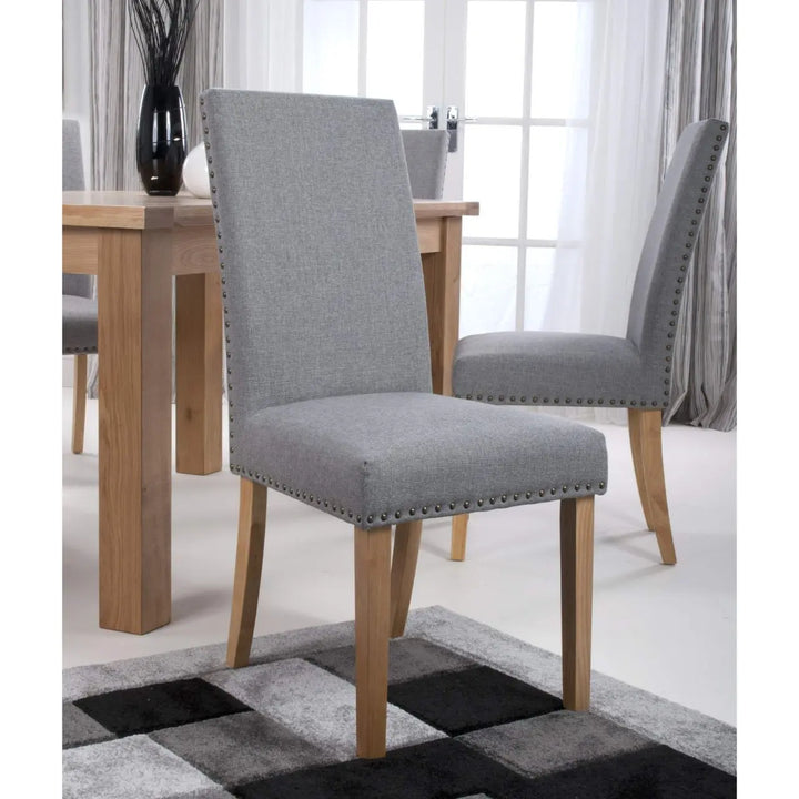 Set of 2 Randall Stud Detail Linen Effect Silver Grey Dining Chairs in Natural Legs - NJ Home Interiors