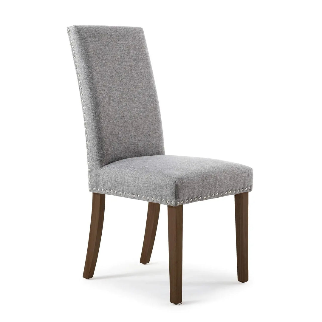 Set of 2 Randall Stud Detail Linen Effect Silver Grey Dining Chairs in Walnut Legs - NJ Home Interiors