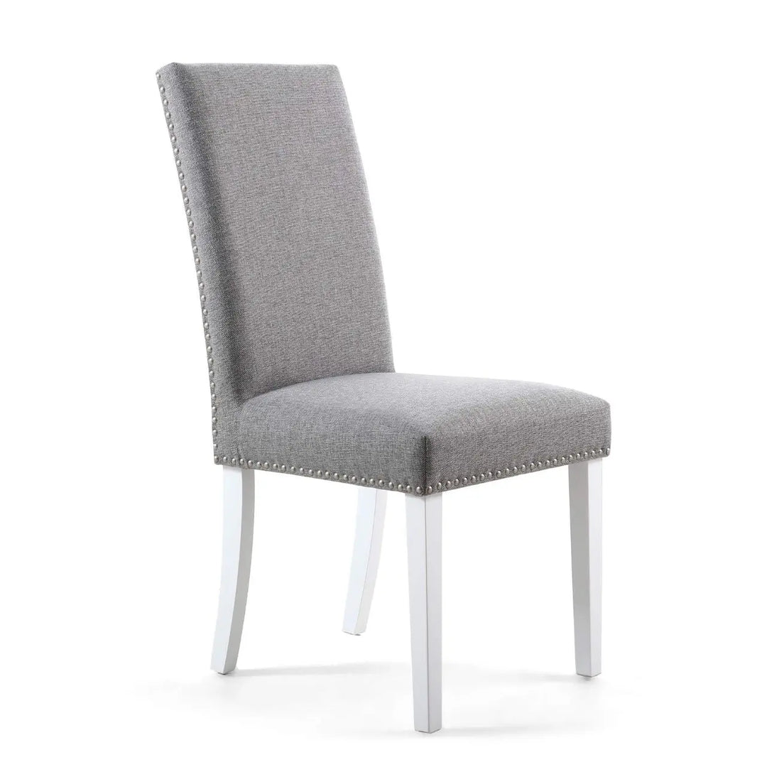Set of 2 Randall Stud Detail Linen Effect Silver Grey Dining Chairs in White Legs - NJ Home Interiors