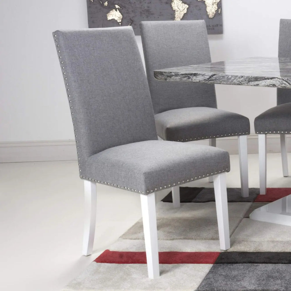 Set of 2 Randall Stud Detail Linen Effect Silver Grey Dining Chairs in White Legs - NJ Home Interiors