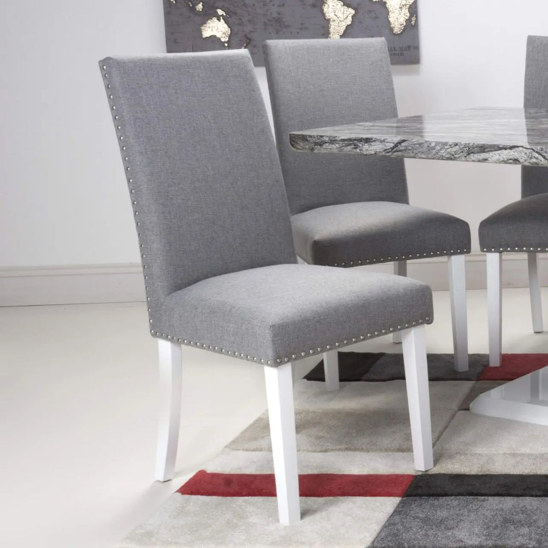 Set of 2 Randall Stud Detail Linen Effect Silver Grey Dining Chairs in White Legs - NJ Home Interiors