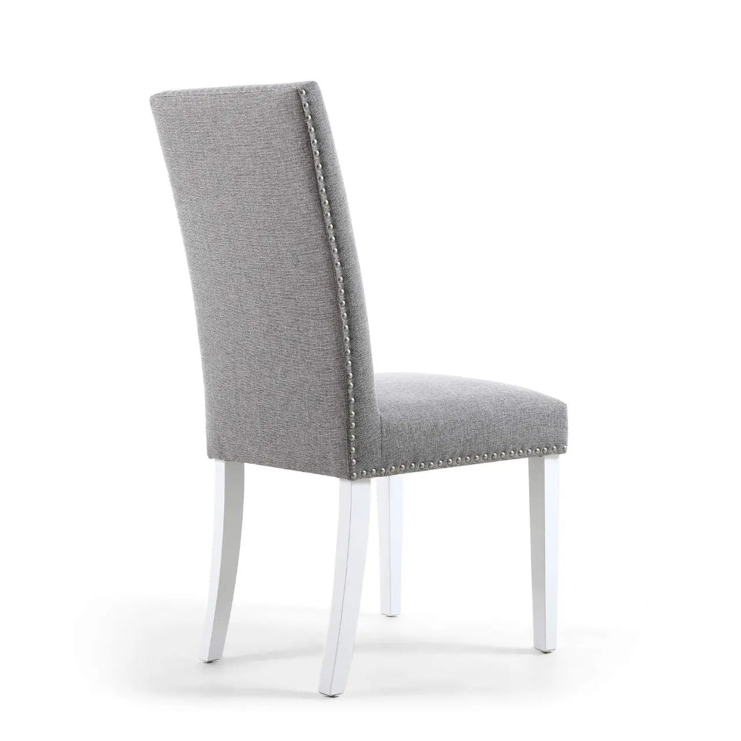 Set of 2 Randall Stud Detail Linen Effect Silver Grey Dining Chairs in White Legs - NJ Home Interiors