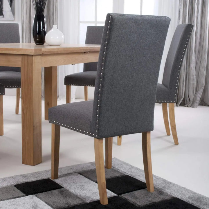 Set of 2 Randall Stud Detail Linen Effect Steel Grey Dining Chairs in Natural Legs - NJ Home Interiors