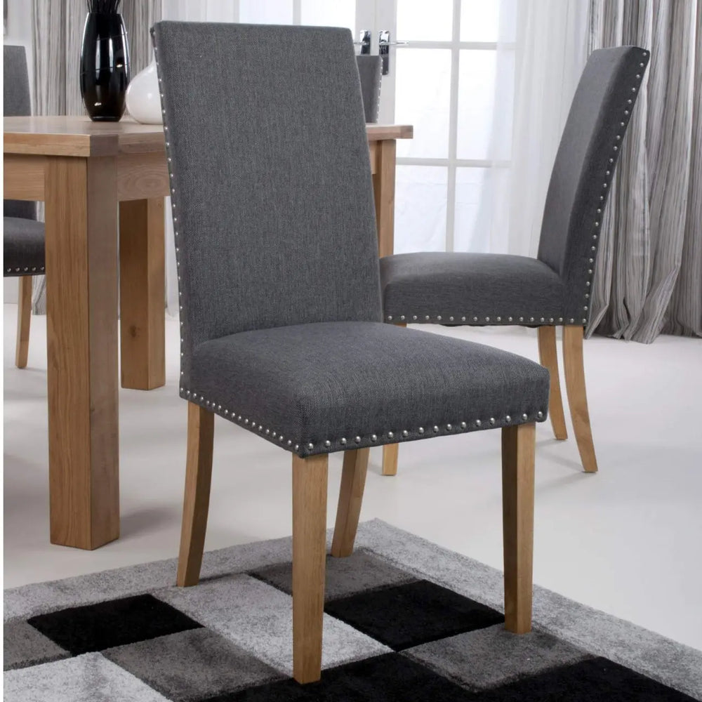 Set of 2 Randall Stud Detail Linen Effect Steel Grey Dining Chairs in Natural Legs - NJ Home Interiors