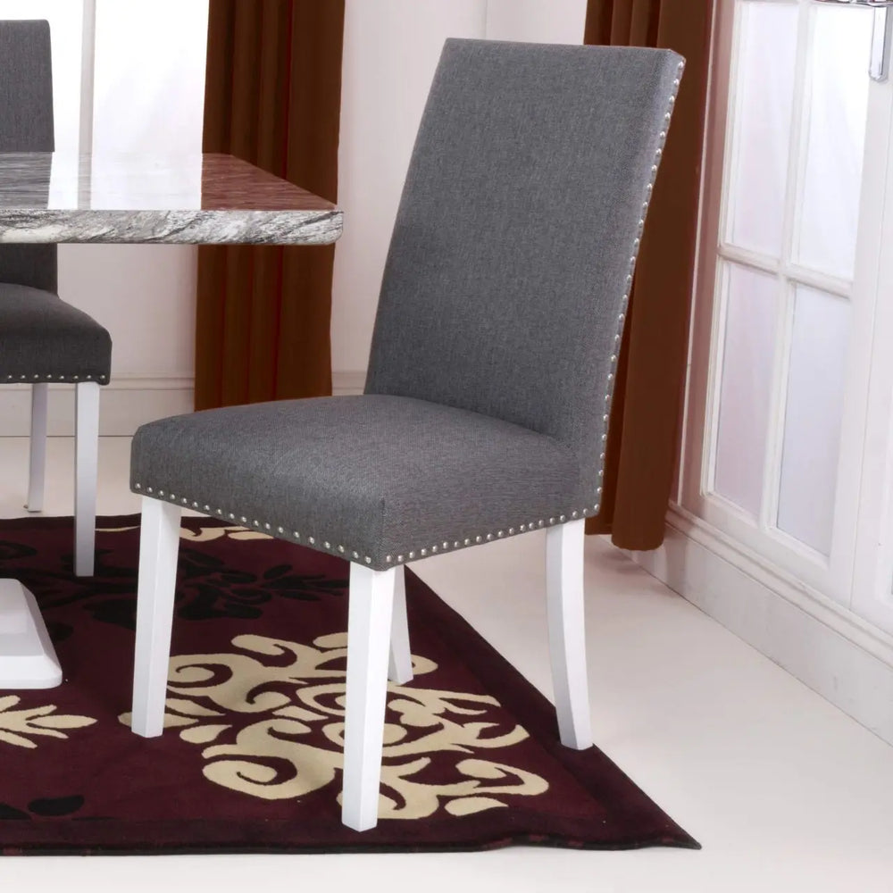 Set of 2 Randall Stud Detail Linen Effect Steel Grey Dining Chairs in White Legs - NJ Home Interiors