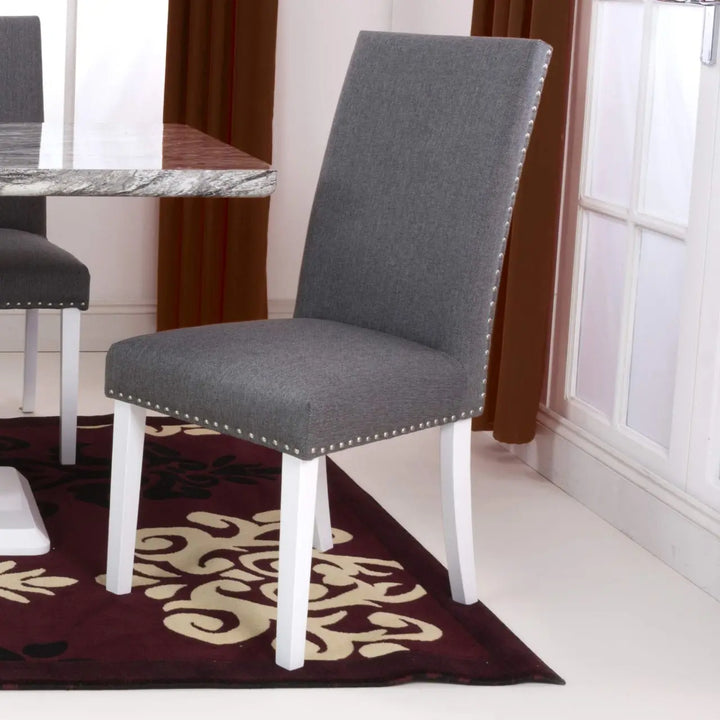 Set of 2 Randall Stud Detail Linen Effect Steel Grey Dining Chairs in White Legs - NJ Home Interiors