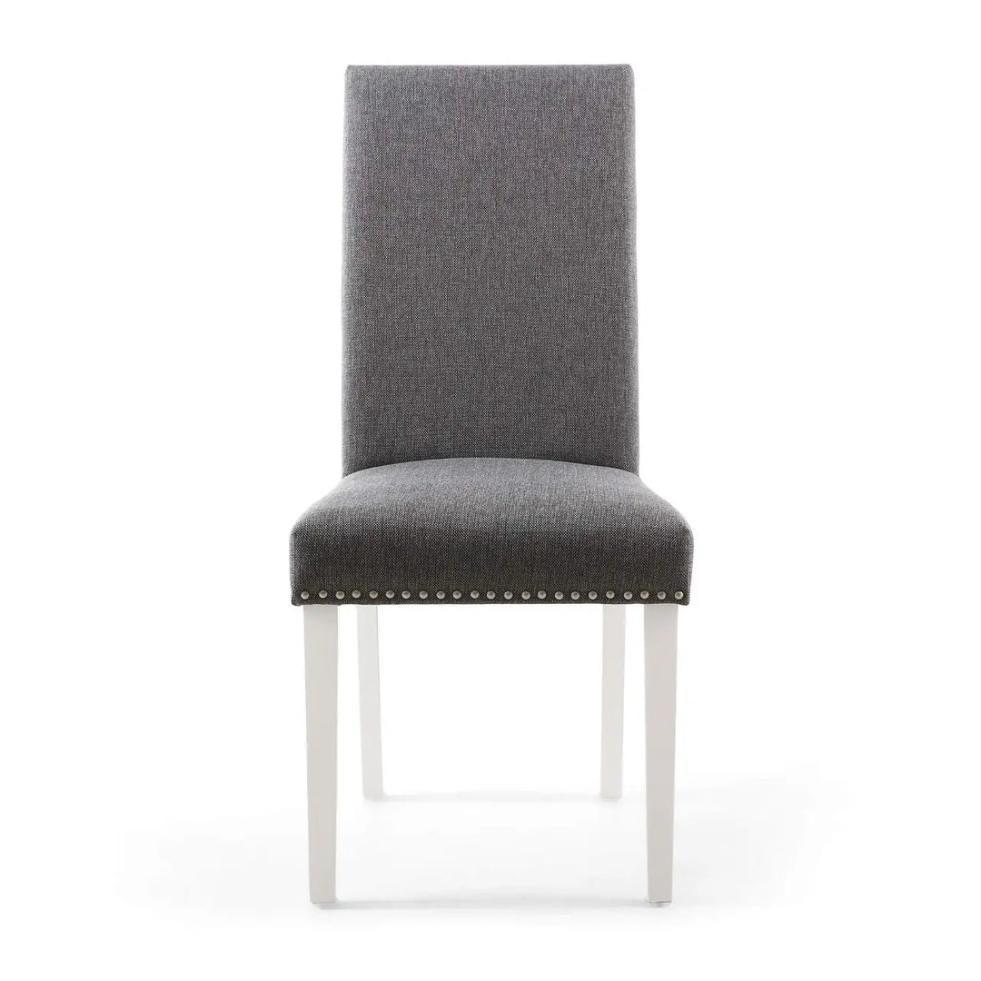 Set of 2 Randall Stud Detail Linen Effect Steel Grey Dining Chairs in White Legs - NJ Home Interiors