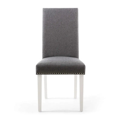 Set of 2 Randall Stud Detail Linen Effect Steel Grey Dining Chairs in White Legs - NJ Home Interiors