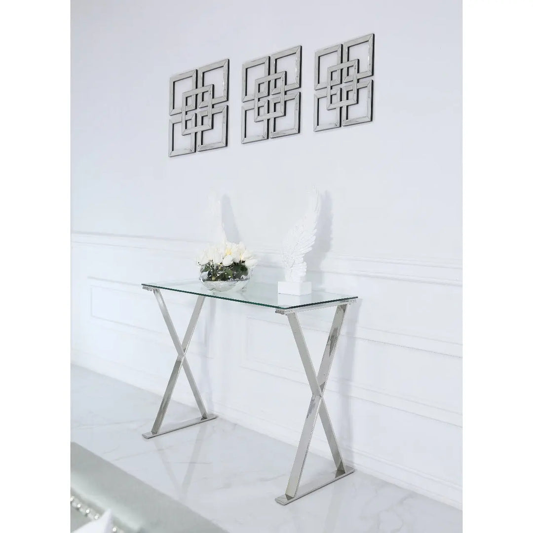 Taylor Glass and Stainless Steel Cross Frame Desk #NJ Home Interiors#