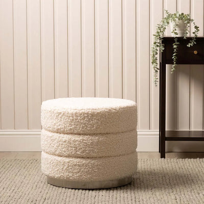 White Boucle Round Ottoman with Chrome Base #NJ Home Interiors#