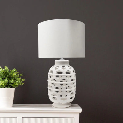 White Ceramic Table Lamp with White Linen Shade #NJ Home Interiors#