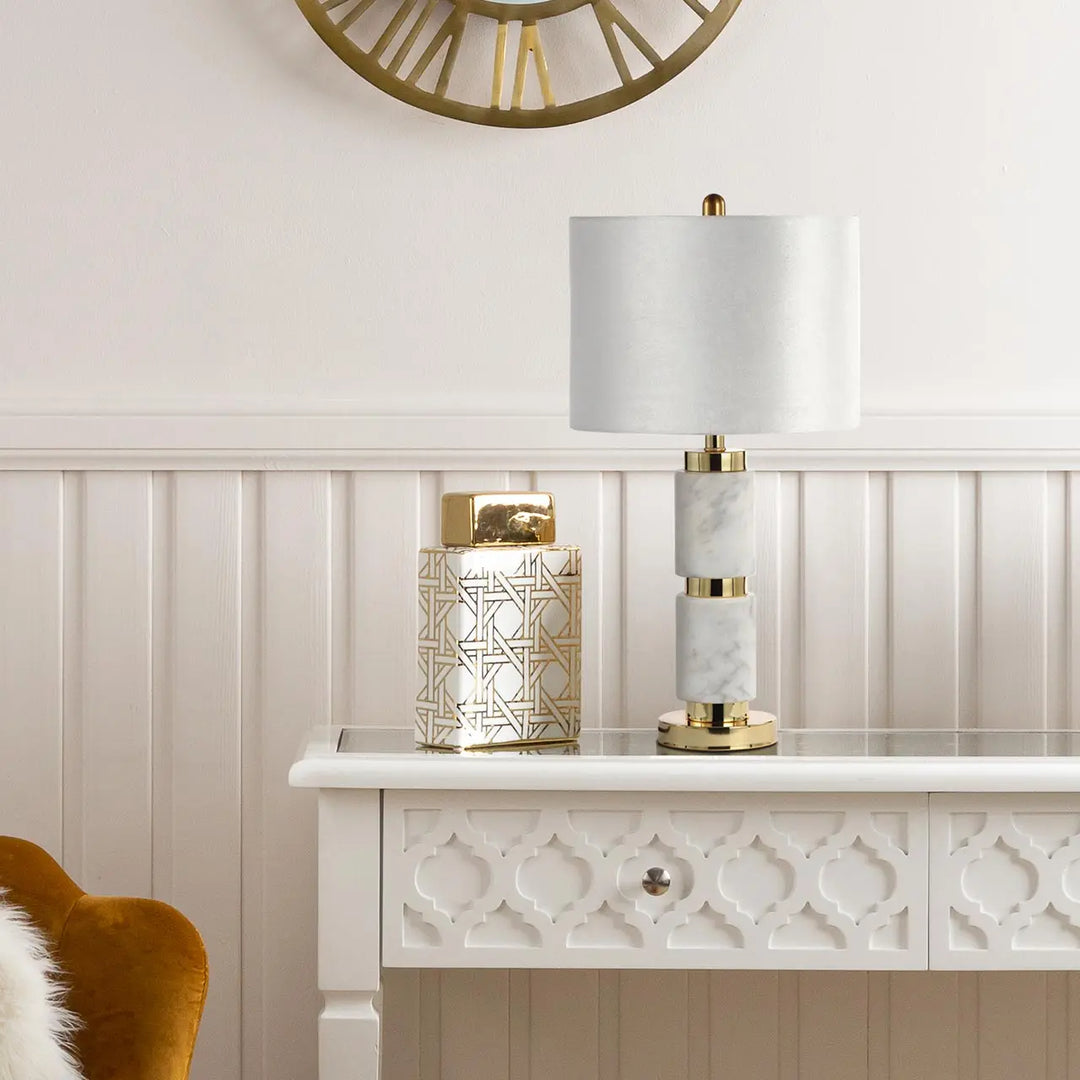 White Marble Table Lamp with Cream Velvet Shade #NJ Home Interiors#
