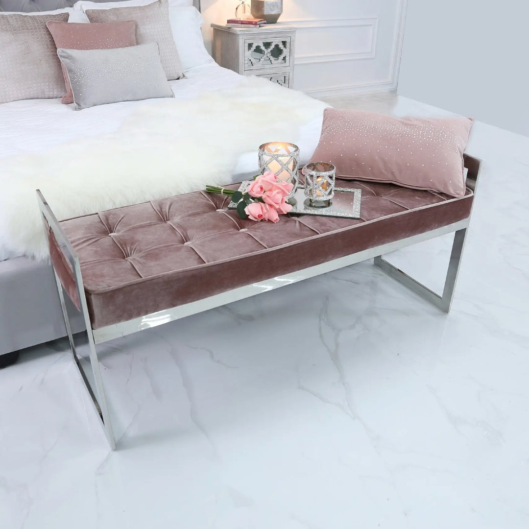 Denver Bench - Stainless Steel with Upholstered Seat - Blush Pink - LUX-HOM