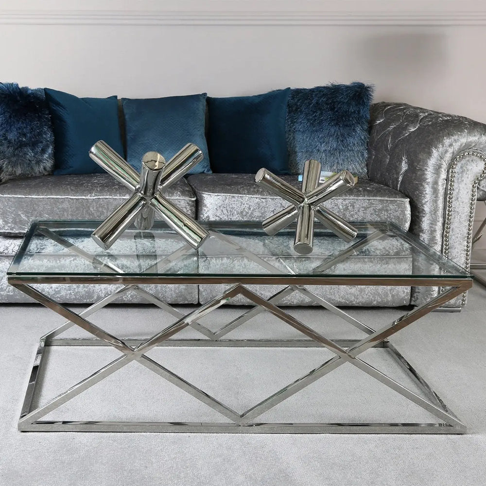 Diamond Prism Glass Coffee Table - Chrome - LUX-HOM