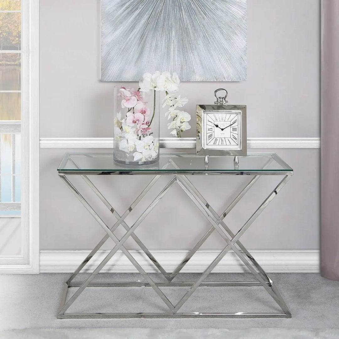 Diamond Prism Glass Console Table - Chrome - LUX-HOM