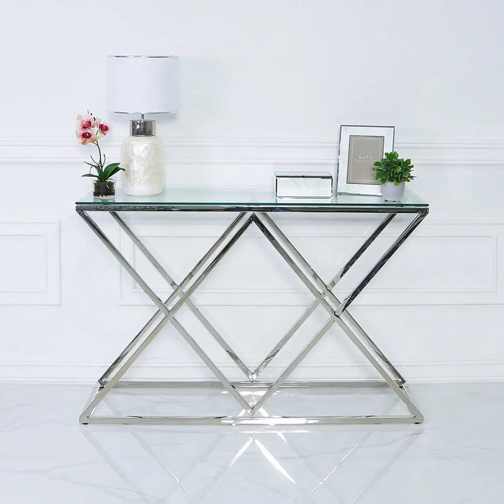 Diamond Prism Glass Console Table - Chrome - LUX-HOM