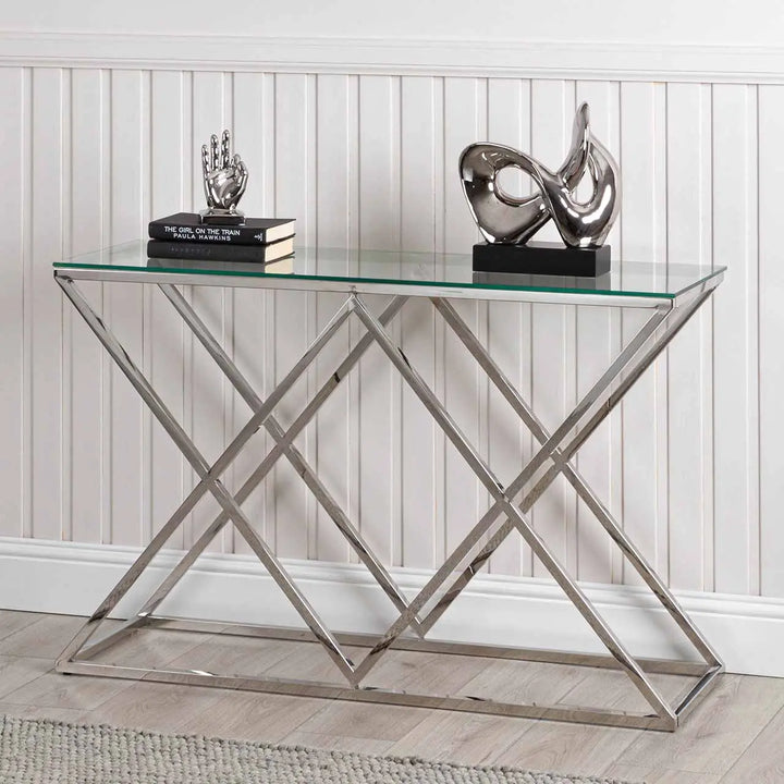 Diamond Prism Glass Console Table - Chrome - LUX-HOM