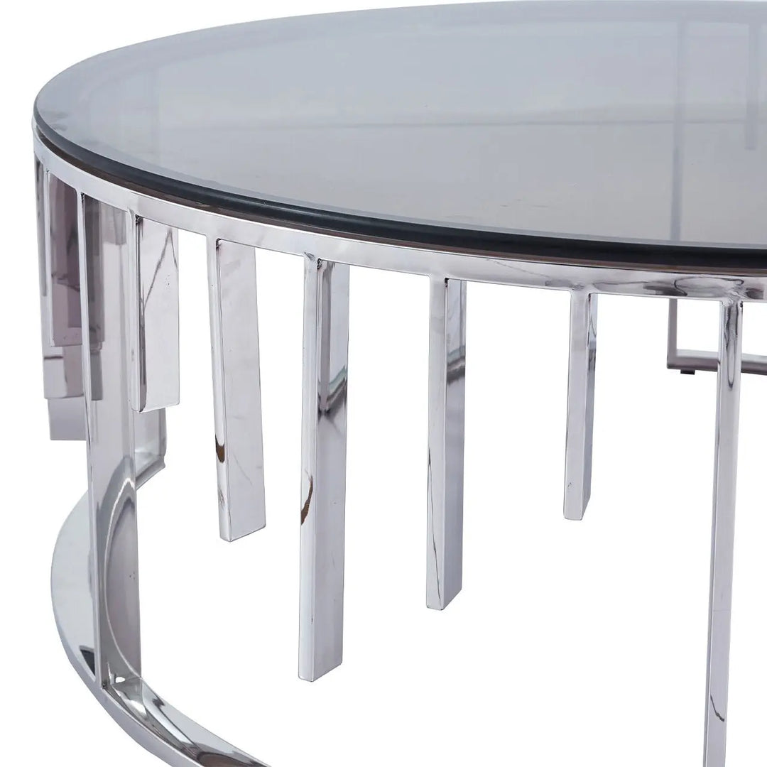 Owen Round Chrome Metal Coffee Table with Smoke Glass Top - LUX-HOM