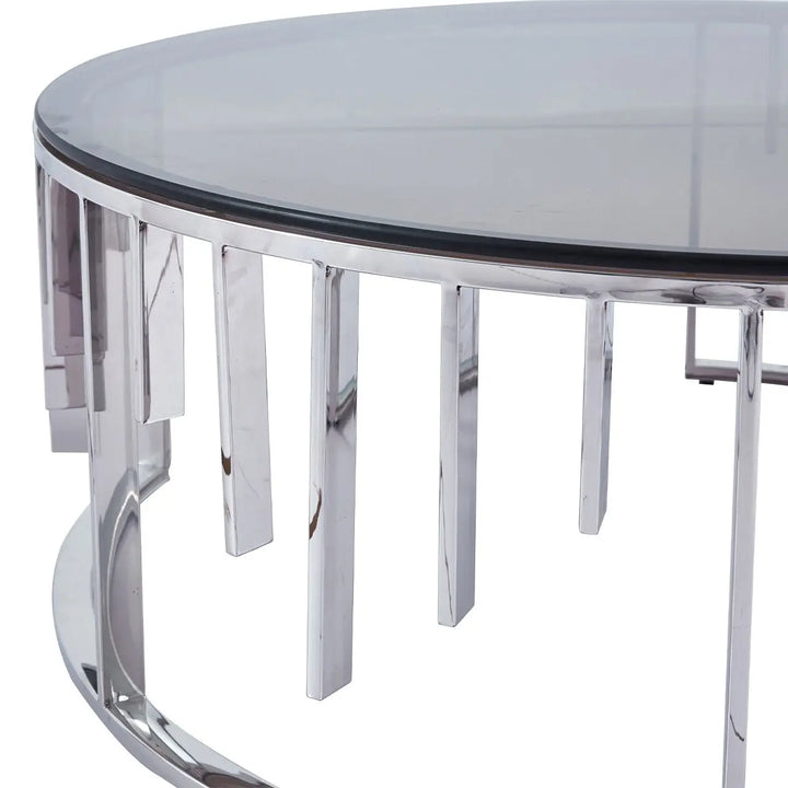Owen Round Chrome Metal Coffee Table with Smoke Glass Top - LUX-HOM