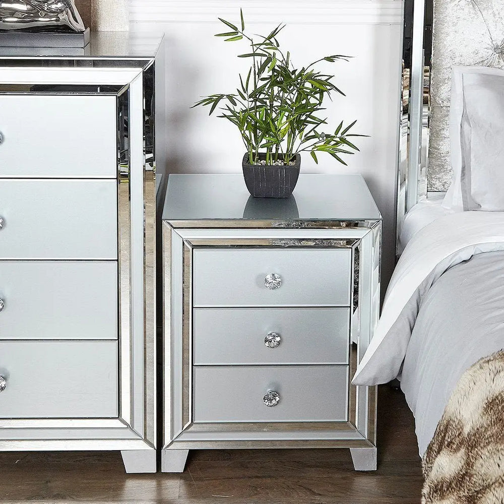 Paris 3 Drawer Mirrored Bedside Table - Soft Grey - LUX-HOM