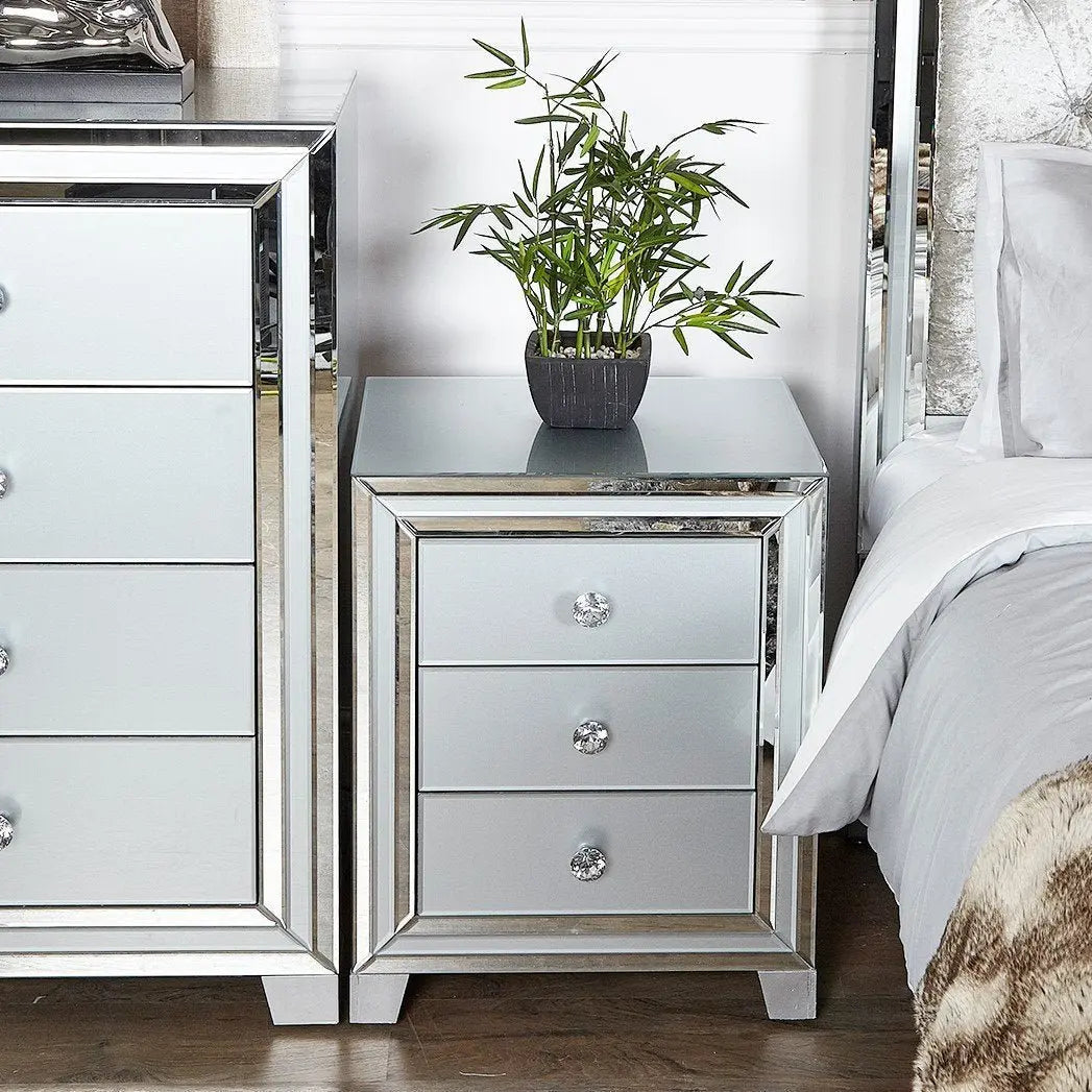 Paris 3 Drawer Mirrored Bedside Table - Soft Grey - LUX-HOM