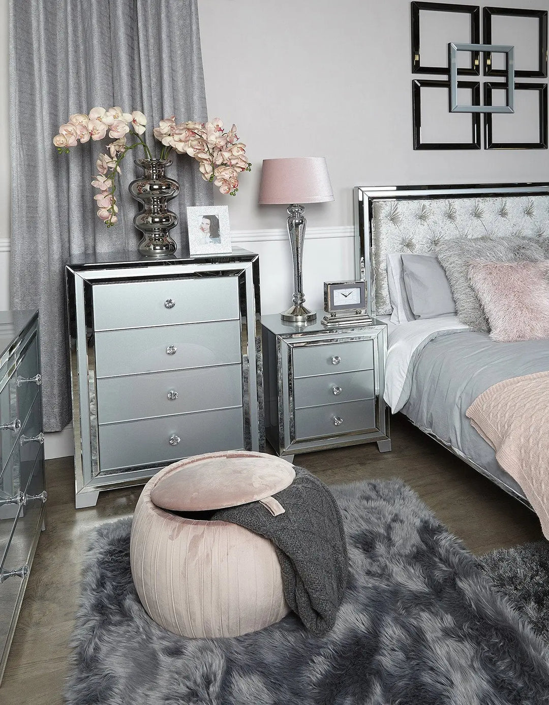 Paris 3 Drawer Mirrored Bedside Table - Soft Grey - LUX-HOM