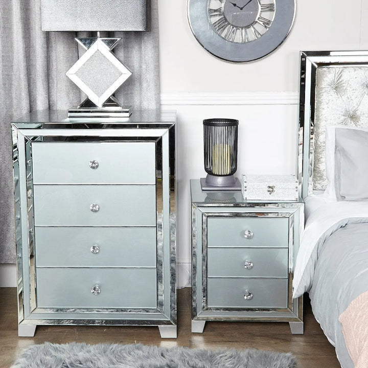 Paris 3 Drawer Mirrored Bedside Table - Soft Grey - LUX-HOM