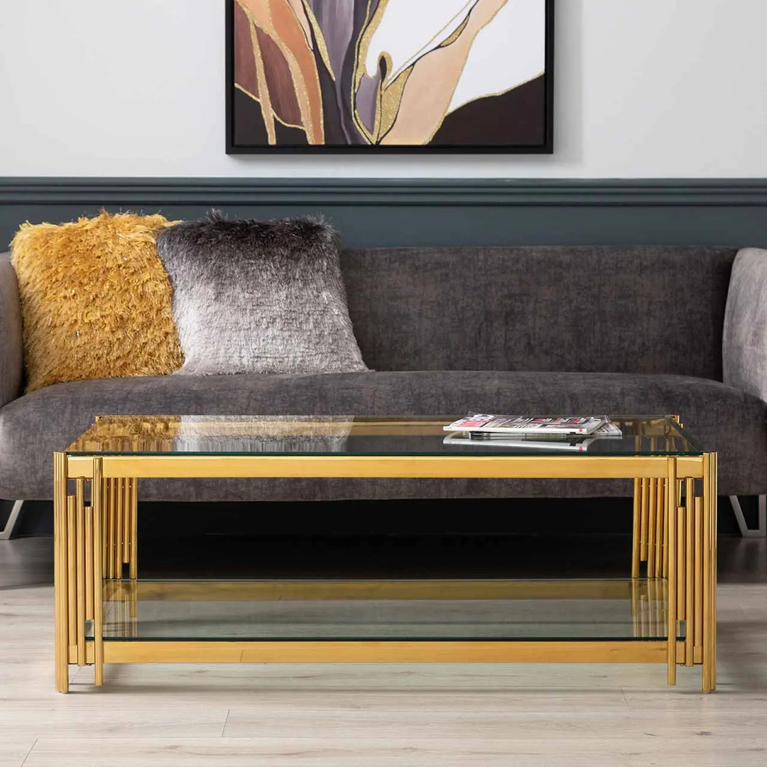Rohen Glass and Metal Coffee Table Gold - LUX-HOM