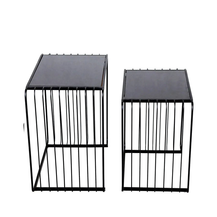 Set of 2 Black Metal Nesting Table with Black Glass Top - LUX-HOM