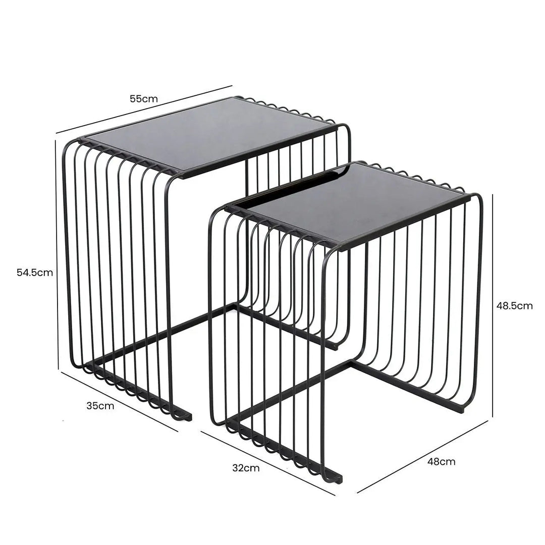 Set of 2 Black Metal Nesting Table with Black Glass Top - LUX-HOM