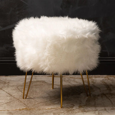 White Faux Fur Stool Ottoman with Gold Legs - LUX-HOM
